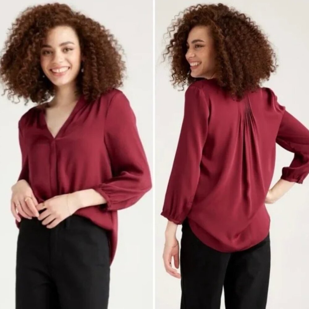 Quince Washable Stretch Silk Pleat Back Blouse Burgundy Women's Size Small